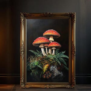 Red Mushroom Forest Wonderland Vintage Oil Painting, Whimsical Nature Wall Art, Fungi Woodland Decor, Botanical Art Print, Cottagecore