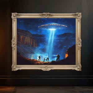 UFO Night Sky Art, Sci-Fi Wall Decor, Alien Spaceship Wall Art, Extraterrestrial Canvas Print, Mysterious Landscape Poster