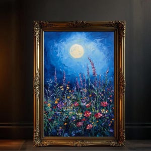Moonlit Floral Night, Flower Meadow Canvas Painting, Vibrant Night Sky Wall Art, Nature-Inspired Home Decor, Botanical Artwork Print