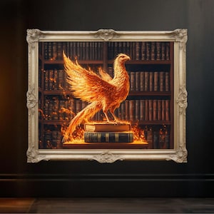 Stampa artistica da parete Phoenix, arte di uccelli infuocati, opera d'arte di creature mitologiche, fenice letteraria, decorazione da parete di uccelli di fuoco, poster di uccelli, arte da biblioteca