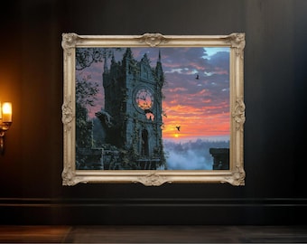 Vintage Tower Wall Art, Gothic Clock Tower Print, Sunset Castle Decor, Mystical Landscape Painting, Ancient Architecture Artwork