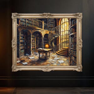 Vintage Library Wall Art, Antique Bookstore Decor, Literature Lover Gift, Old Book Collection, Staircase Illustration Print