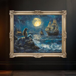 Mermaid Sea Painting Fantasy Art Night Ocean Wall Decor Nautical Wall Art Moonlight Seascape Ship Art Home Decor Gift