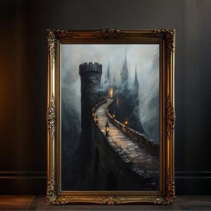 Gothic Schloss, Dark Fantasy Kunstdruck, Gruseliges Schloss Kunstwerk, Gruselige Brücke, Mystische Landschaftsmalerei, Mittelalterliche Burg