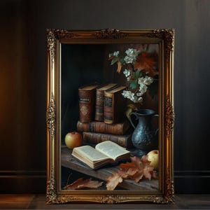Vintage Book Still Life Wall Art, Rustic Bookshelf Print, Antique Books Decor, Autumn Leaves and Flowers, Literary Home Decor