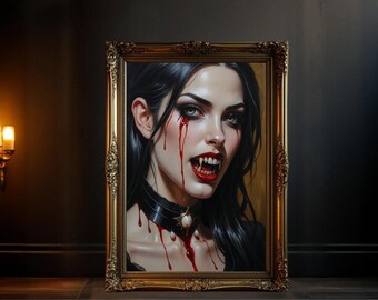 Vampire Woman Wall Art, Beautiful Gothic Female Portrait, Creepy Vampire Blood Art, Horror Vampire Girl Print, Unique Wall Decor