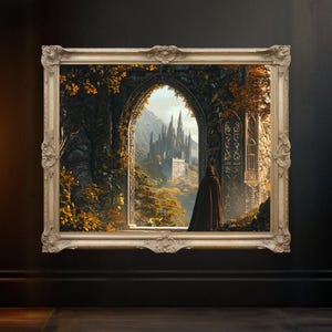 Medieval Castle Fantasy Wall Art, Enchanted Forest Scene Print, Mystical Landscape Painting, Unique Home Decor, Archway View Art