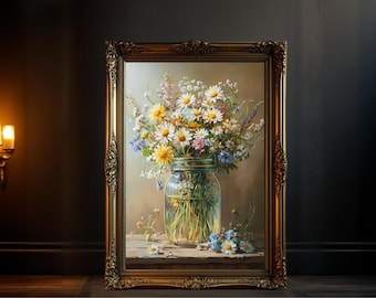 Wildflower bouquet canvas wall art, Rustic home decor painting, Mason jar floral art print, Vintage oil painting, Country cottage wall art