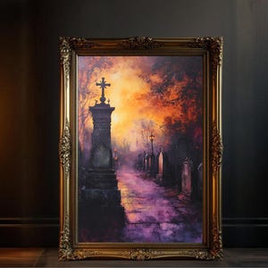 Gothic Cemetery Wall Art, Sunset Graveyard Painting, Haunting Beautiful Decor, Spooky Atmosphere, Unique Gift, Dark Aesthetic, Gothic Decor