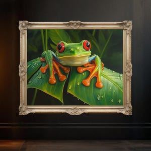 Kleurrijke kikker kunst aan de muur, op de natuur geïnspireerde kikker print, heldere kikker decor, levendige groene kikker poster, wildlife kunst, amfibieën muur decor