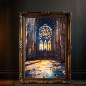 Gothic Cathedral Stained Glass Window Art, Colorful Church Interior Painting, Religious Architecture Wall Decor, Spiritual Artwork