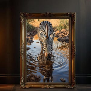 Zebra Reflection Wall Art, Wildlife Animal Canvas Print, Zebra Drinking Water Art, Nature Painting, Zebra Home Decor, Safari Art