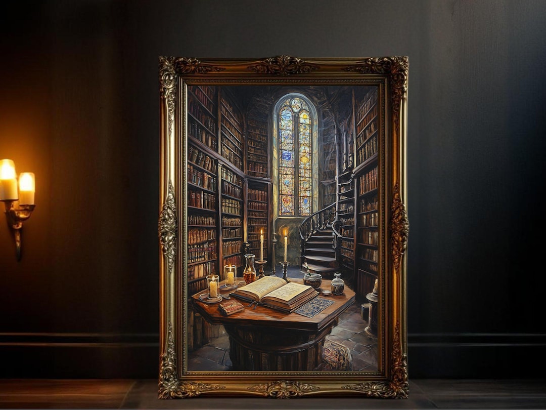 Enchanting Library Wall Art, Stained Glass Window Painting, Cozy ...