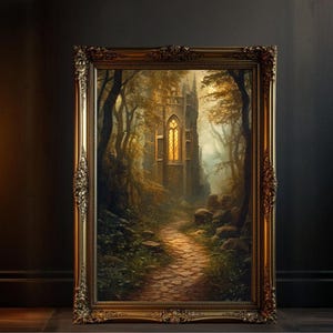 Enchanted Forest Castle Path Wall Art Print, Fairy Tale Kingdom Scenery Poster, Magical Woodland Castle Home Decor, Mystical Art Piece