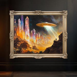 Futuristic Sci Fi Wall Art Crystals and Spaceship Fantasy Landscape Poster Colorful Digital Print Alien World Art