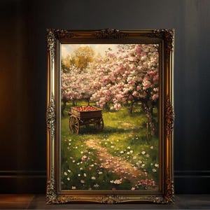ヴィンテージの花咲く果樹園の絵画、素朴なリンゴカートのアートワーク、牧歌的な田舎の風景、自然にインスパイアされたウォールアートプリント