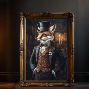 Fox Portrait Wall Art, Victorian Era Fox Artwork, Fox in Suit Painting, Fox Decor for Living Room, Rustic Animal Wall Art Print