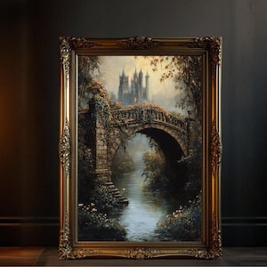 Enchanting Castle Over Bridge Wall Art, Mystical Fantasy Forest Landscape, Dreamy Nature Scene Canvas Print, Fairytale Decor