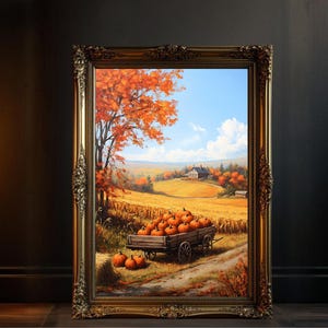 Pumpkin Harvest Wall Art, Fall Seasonal Decor, Autumn Landscape Print, Rustic Farmhouse Decor, Cozy Country Home Artwork