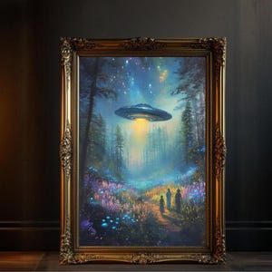 Futuristische UFO Waldszene Wandkunst, Bunter Alien Raumschiff Druck, Mystische Landschaft mit Sternenhimmel, Sci Fi Wohnkultur