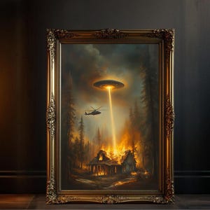 Alien UFO Abduction Scene Wall Art, Surreal Sci-Fi Artwork, Mysterious UFO Encounter, Extraterrestrial Art, UFO Home Decor