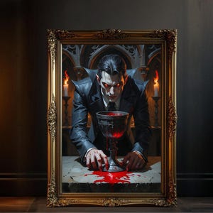 Gothic Vampire Drinking Blood Wall Art, Dark Fantasy Horror Artwork, Vampire Gothic Scene Print, Creepy Gothic Decor Poster