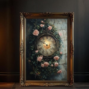 Enchanting Vintage Oil Painting Old Clock Roses Wall Decor Antique Timepiece Art Rustic Garden Clock Wall Decoration