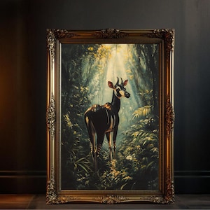 Enchanting Okapi Forest Animal Art Print, Wildlife Wall Decor, Jungle Scene Okapi Canvas, Safari Nursery Room Decoration, Nature Poster