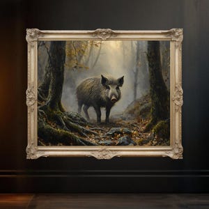 Wild Boar in Forest Wall Art, Rustic Animal Art Print, Nature Scene Poster, Boar Woodland Art, Wildlife Home Decor, Forest Animal Print