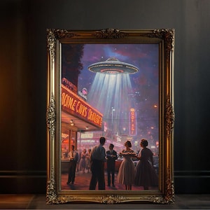 Retro UFO City Scene Wall Art, Vintage Sci-Fi Poster Print, Alien Invasion Artwork, Mid-Century Modern Decor, Outer Space Fantasy Art