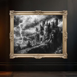 Haunted Castle Wandbild, Dark Fantasy Gothic Poster, Spooky Castle Print, Monochrome Wanddekoration, Stormy Nights Art, Mystische Schlossszene