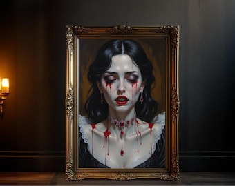 Gothic Vampire Woman Wall Art, Dark Fantasy Bloody Tears Portrait, Gothic Inspired Home Decor, Mysterious Female Vampire Print
