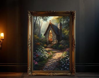 Enchanting Church in Blooming Garden Wall Art, Stained Glass Window Church Print, Mystical Chapel Poster, Scenic Church Art Print