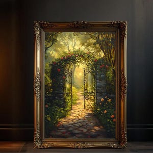 Enchanted Garden Gate Wall Art Print, Romantic Garden Pathway Painting, Mystical Forest Wall Decor, Nature Inspired Home Decor