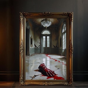 Gothic Haunted Mansion Wall Art, Blood Red Glove Decor, Creepy Artwork for Horror Lovers, Spooky Nightmarish Home Decor, Scary Print