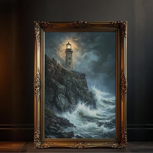 Lighthouse Coastal Wall Art Print, Dark Academia Art Printable, Ocean Waves Painting Print, Stormy Seascape Poster, Nautical Home Decor