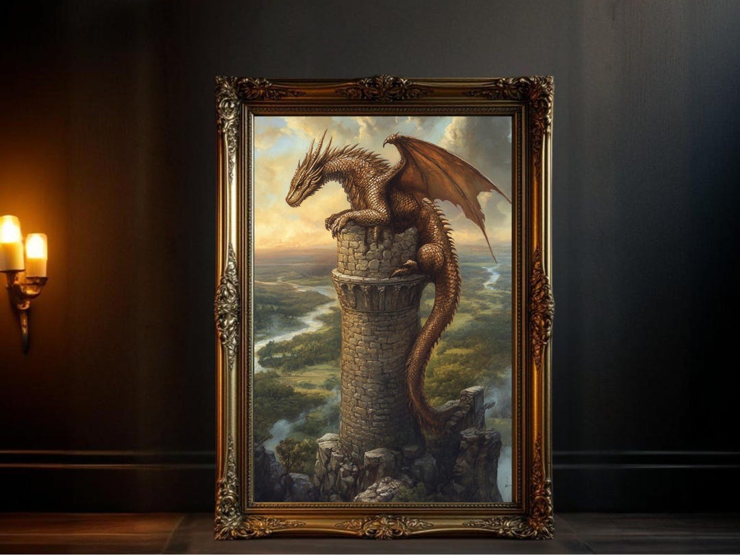 Majestic Dragon Wall Art Mystical Tower Fantasy Print Dragon Lover ...
