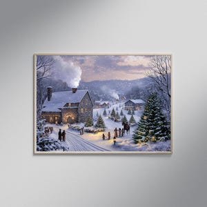 Snowy Village Winter Wonderland Scene, Christmas Holiday Wall Art, Cozy Cottage, Snow Covered Trees, Festive Decorations, Home Decor