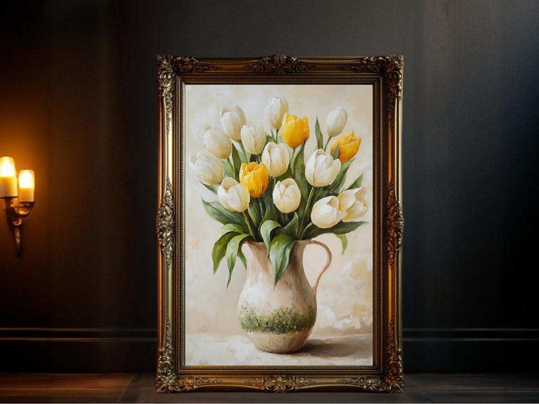 Tulip Bouquet in Rustic Vase, Vintage Oil Painting, Floral Wall Art ...
