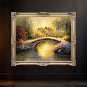 Landschaft Wand Kunst Malerei, ruhige Gartenszene mit Brücke, Natur inspiriert Wohnkultur, ruhige Kunstwerk für Wohnzimmer
