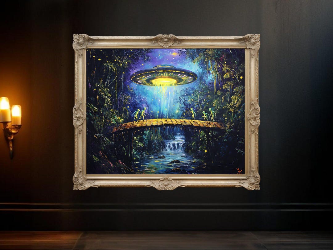 Mystical UFO Alien Encounter Wall Art, Glowing Spaceship Illustration ...