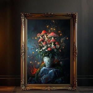 Enchanted Mushroom Art Print, Magical Forest Canvas, Mystical Mushroom Decor, Fairy Tale Wall Art, Vintage Oil Painting, Nature Artwork