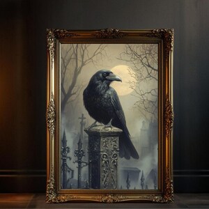 Stampa artistica da parete con corvo gotico, stampabile con arte Dark Academia, decorazione gotica con luna corvo, poster vintage con uccello gotico, arte murale mistica