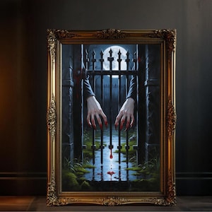 Haunted Gothic Gate Wall Art, Spooky Vampire Hands Print, Dark Fantasy Horror Decor, Creepy Full Moon, Gothic Home Decoration