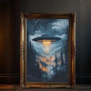 UFO spaceship wall art, sci-fi painting poster, alien landscape print, extraterrestrial scene decor, sci-fi fantasy art