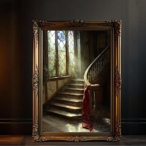 Gothic Staircase Wall Art, Mysterious Home Decor, Dark Academia Art Printable, Haunted House Illustration, Vintage Gothic Print