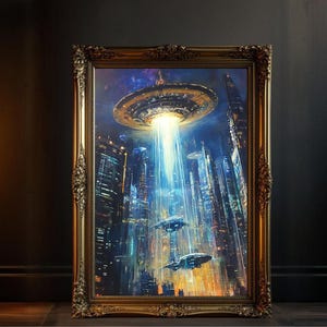 Futuristic Cityscape Wall Art, Alien Spaceship Invasion Print, Sci-Fi Fantasy Poster, Cyberpunk Themed Decor, Modern Urban Artwork