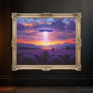 UFO Over Lavender Fields Wall Art, Sunset Landscape Painting, Alien Spaceship Artwork, Extraterrestrial Home Decor, Unframed Print