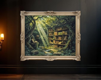 Enchanted Forest Library Wall Art, Bookshelf Nature Wall Decor, Woodsy Book Lover&#39;s Art Print, Magical Reading Room Poster