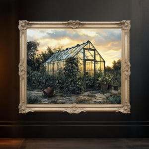 Charming Greenhouse Sunset, Botanical Art Print, Nature Home Decor, Landscape Wall Art, Greenhouse Illustration, Garden Art, Sunlit Greenery